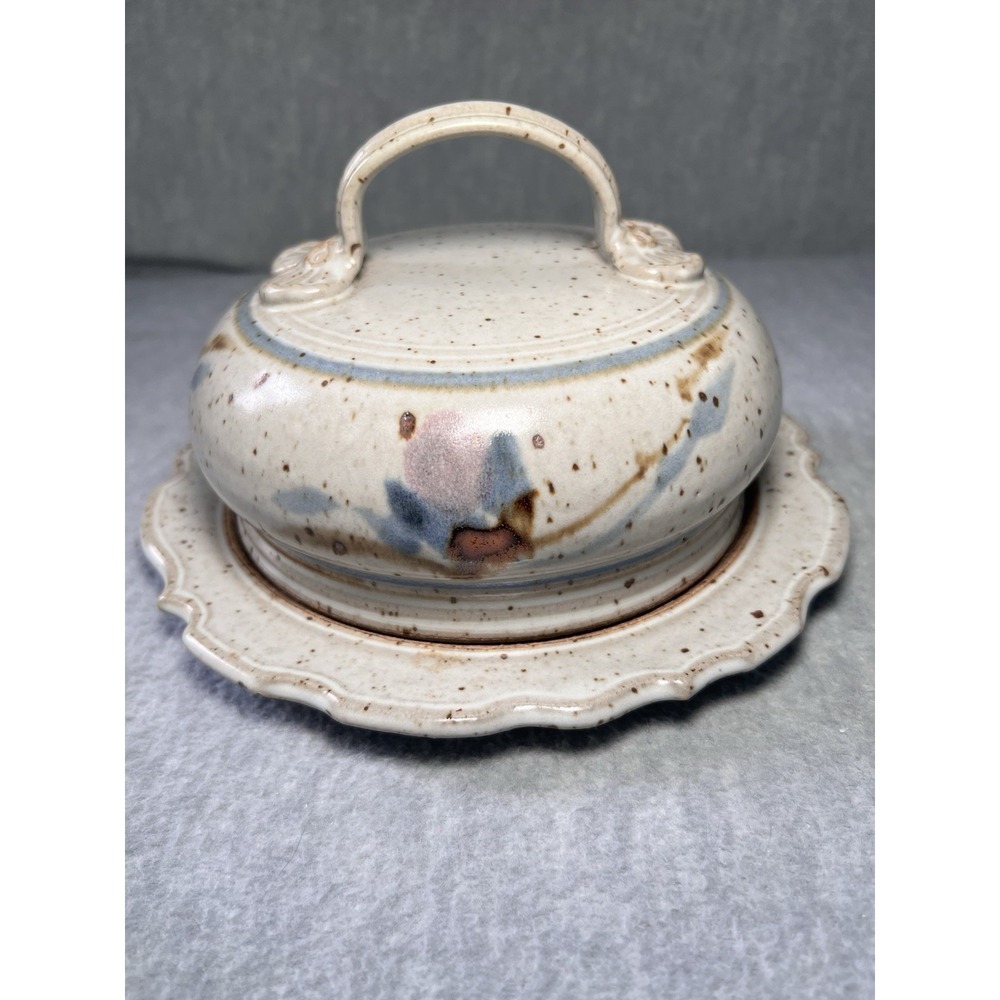 VTG Studio Art Pottery Cheese Dome Butter Dish Signed Rustic Farmhouse Plate Lid